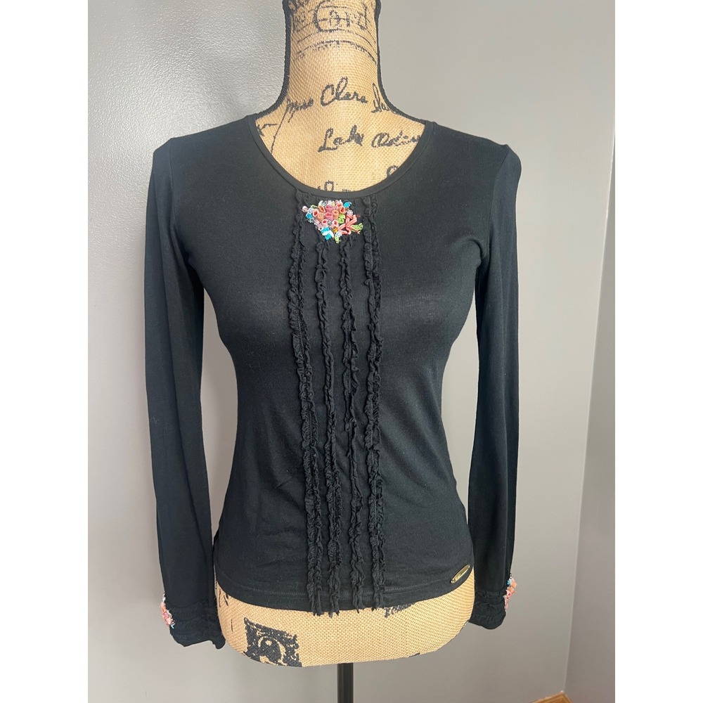 Vintage Blumarine Jeans Black Ruffle Floral Applique Long Sleeve Top US s/Xs